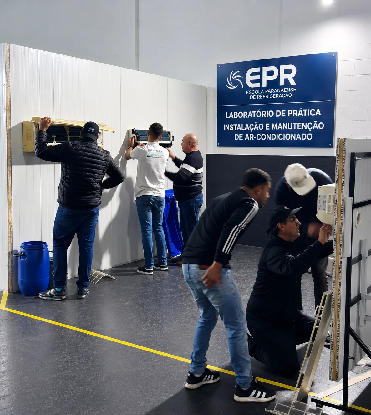 Alunos trabalhando em equipamentos de ar-condicionado no laboratório da EPR